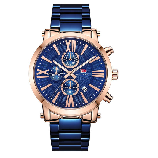 Roman Chronograph Steel Bracelet — Rose Gold Blue