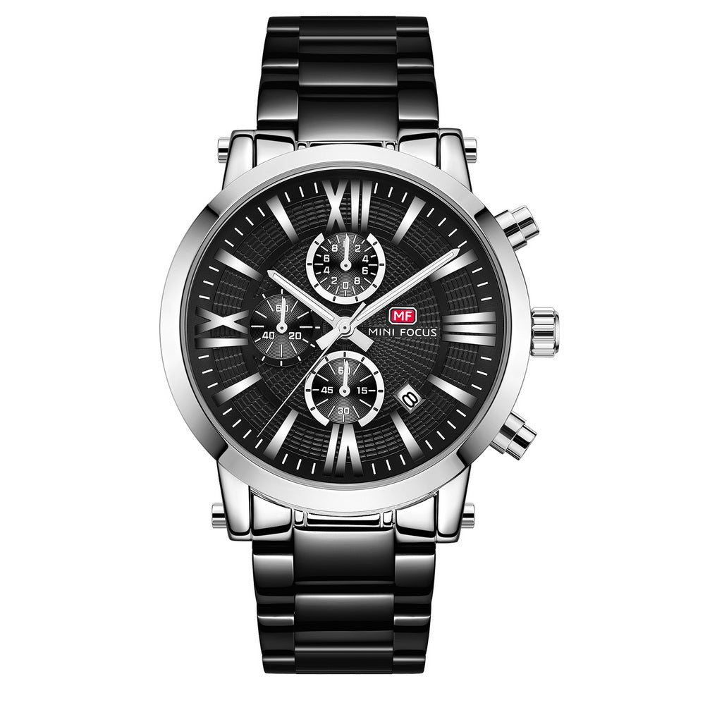 Roman Chronograph Steel Bracelet — Silver Black