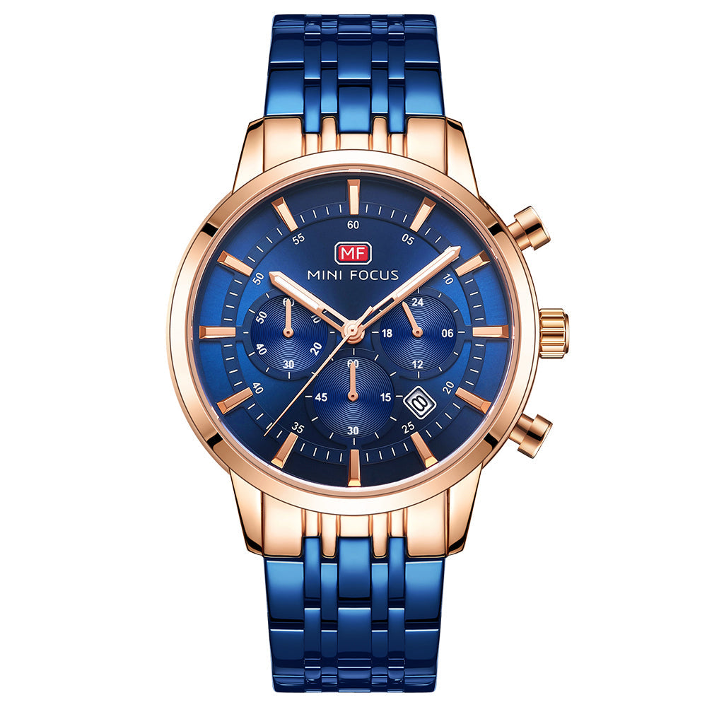 Classic Chronograph Steel Bracelet — Rose Gold Blue