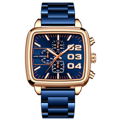 Square Chronograph Steel — Rose Gold Blue