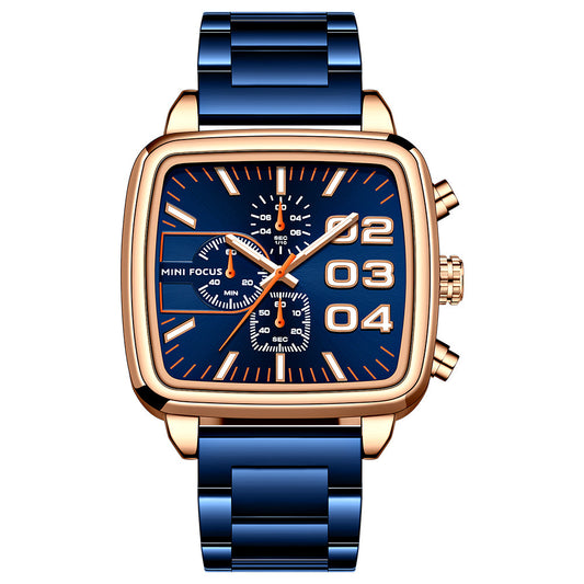 Square Chronograph Steel — Rose Gold Blue