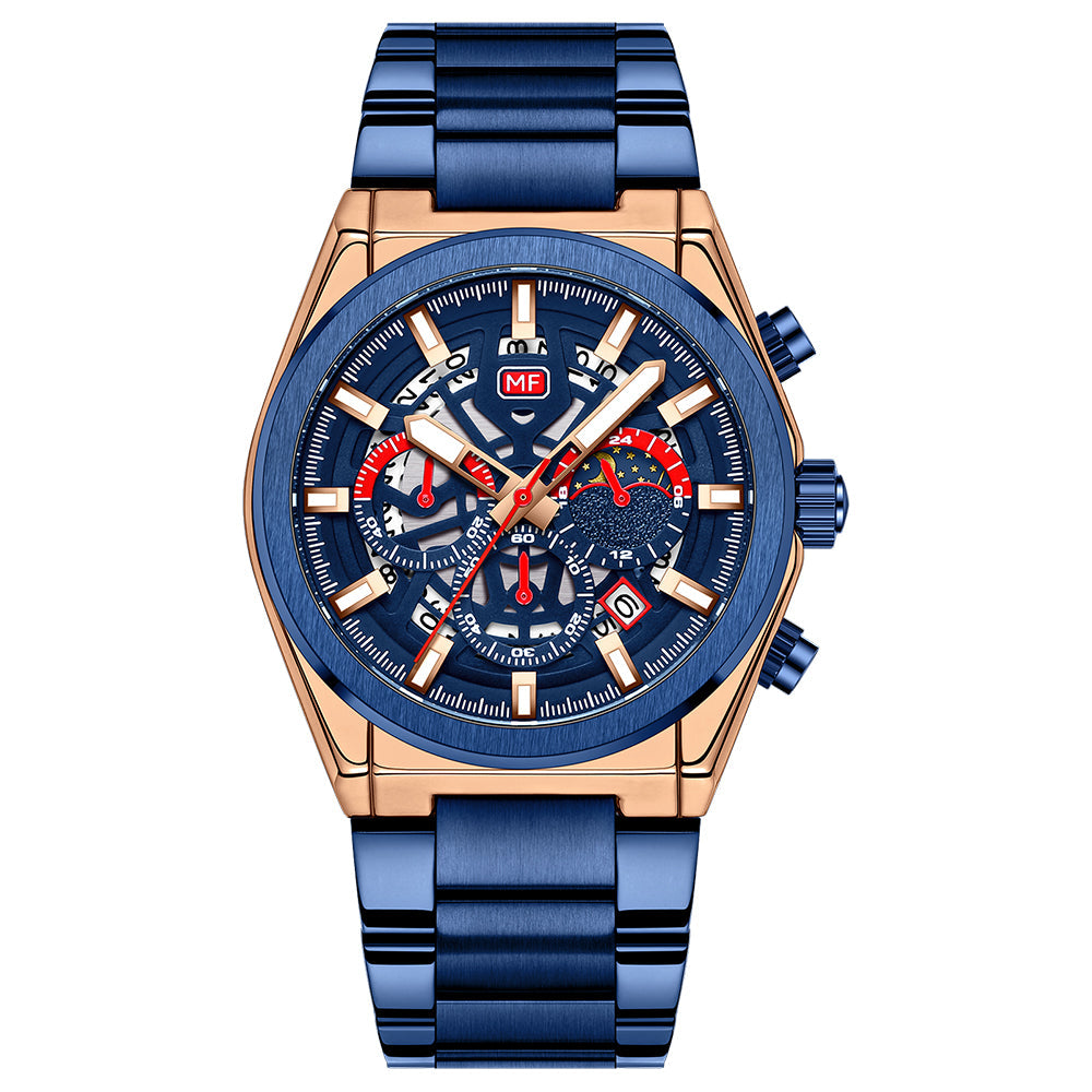 Skeleton Chronograph Steel Bracelet — Rose Gold Blue