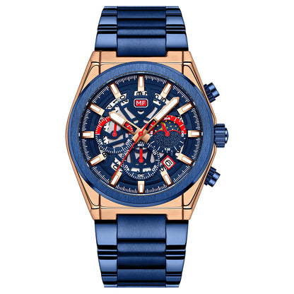 Skeleton Chronograph Steel Bracelet — Rose Gold Blue