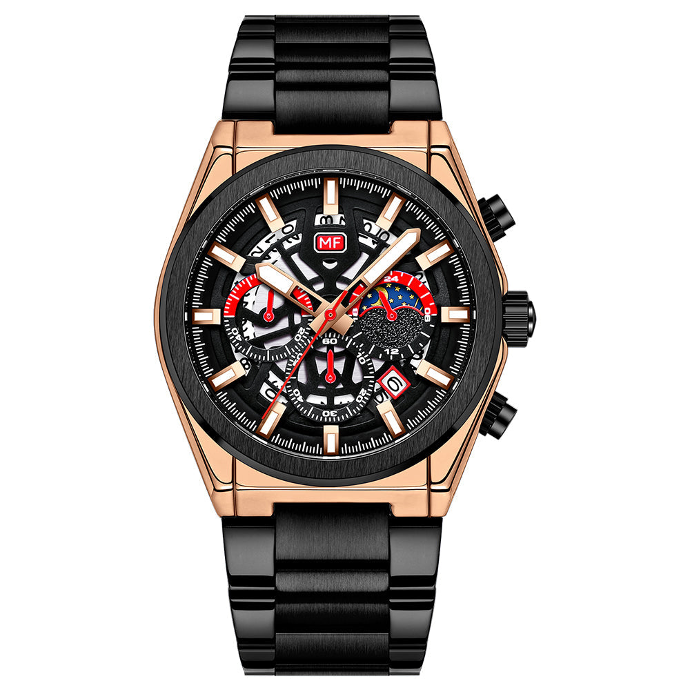 Skeleton Chronograph Steel Bracelet — Rose Gold Black