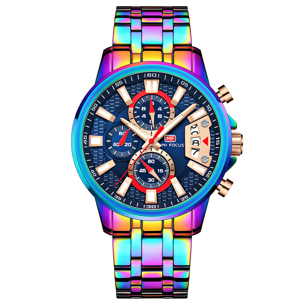 Sport Chronograph Steel Bracelet — Rainbow Blue