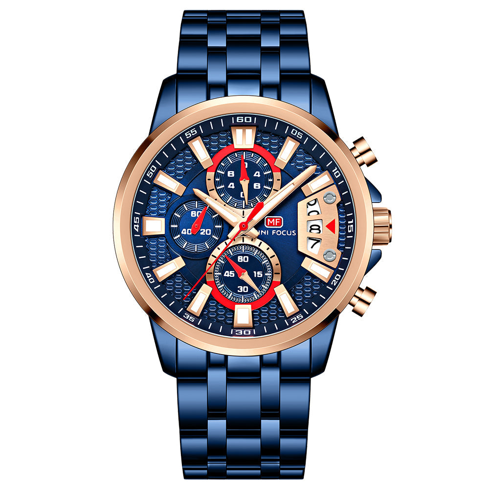 Sport Chronograph Steel Bracelet — Blue Rose Gold