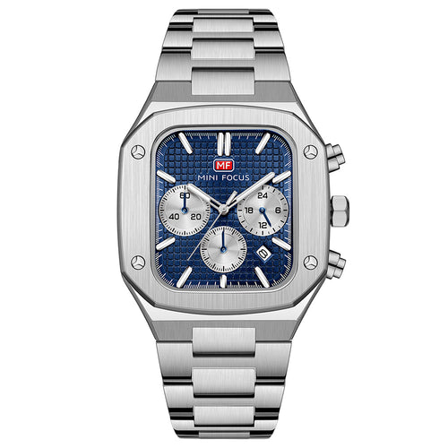 Square Chronograph Steel Bracelet — Silver Blue