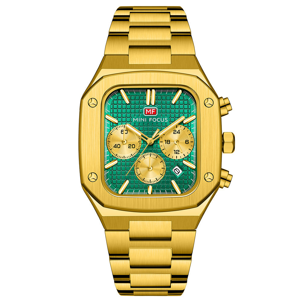 Square Chronograph Steel Bracelet — Gold Green