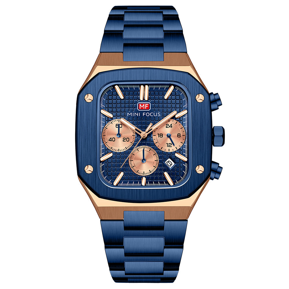 Square Chronograph Steel Bracelet — Blue Rose Gold