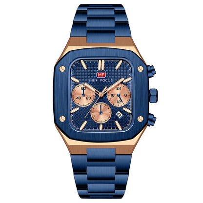 Square Chronograph Steel Bracelet — Blue Rose Gold