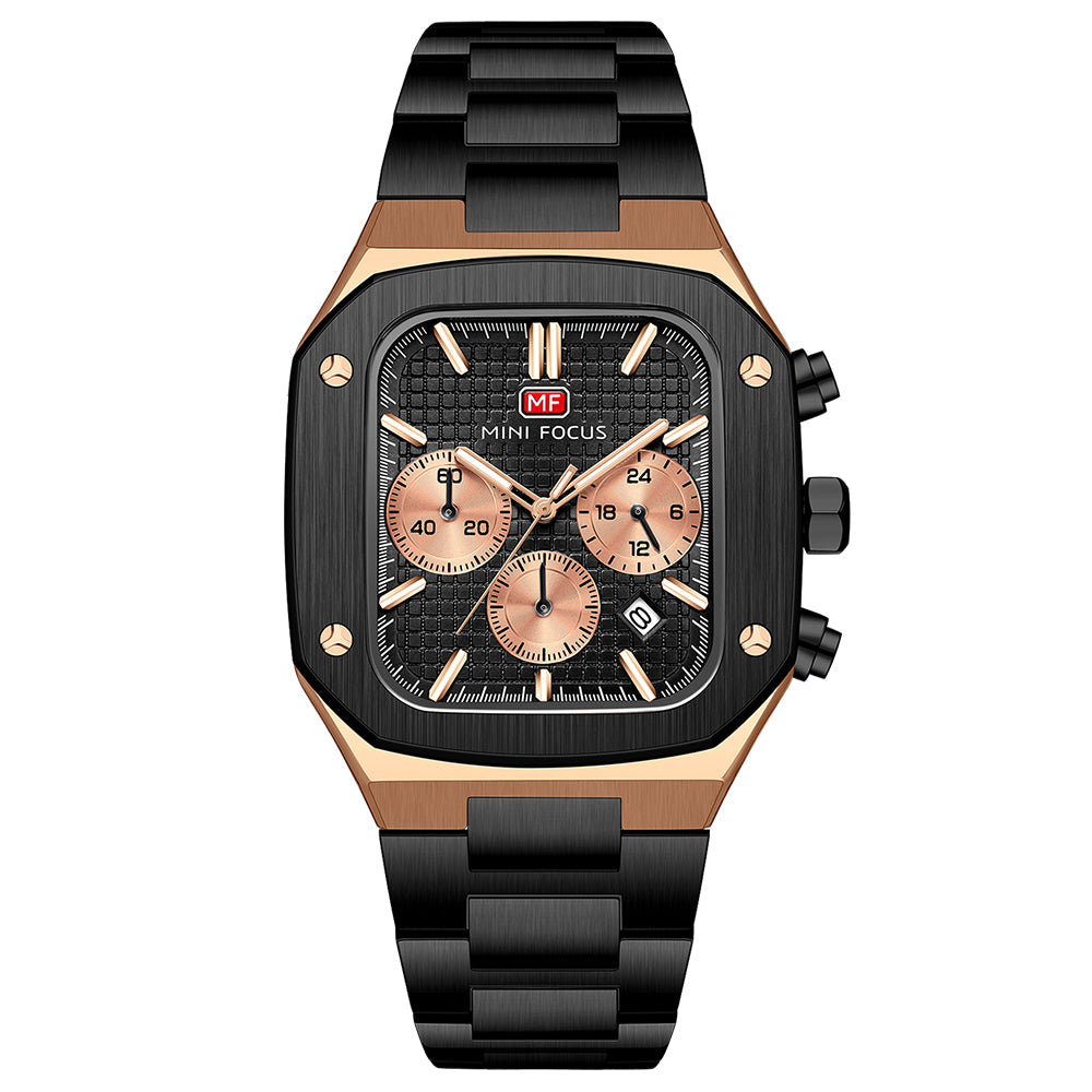 Square Chronograph Steel Bracelet — Black Rose Gold
