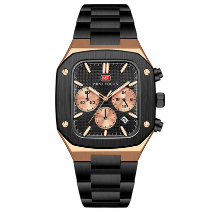 Square Chronograph Steel Bracelet — Black Rose Gold