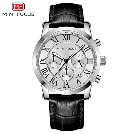 Roman Chronograph Leather — Silver Black