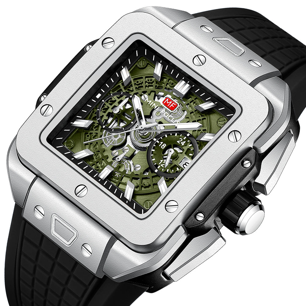 Square Skeleton Chronograph — Silver Green