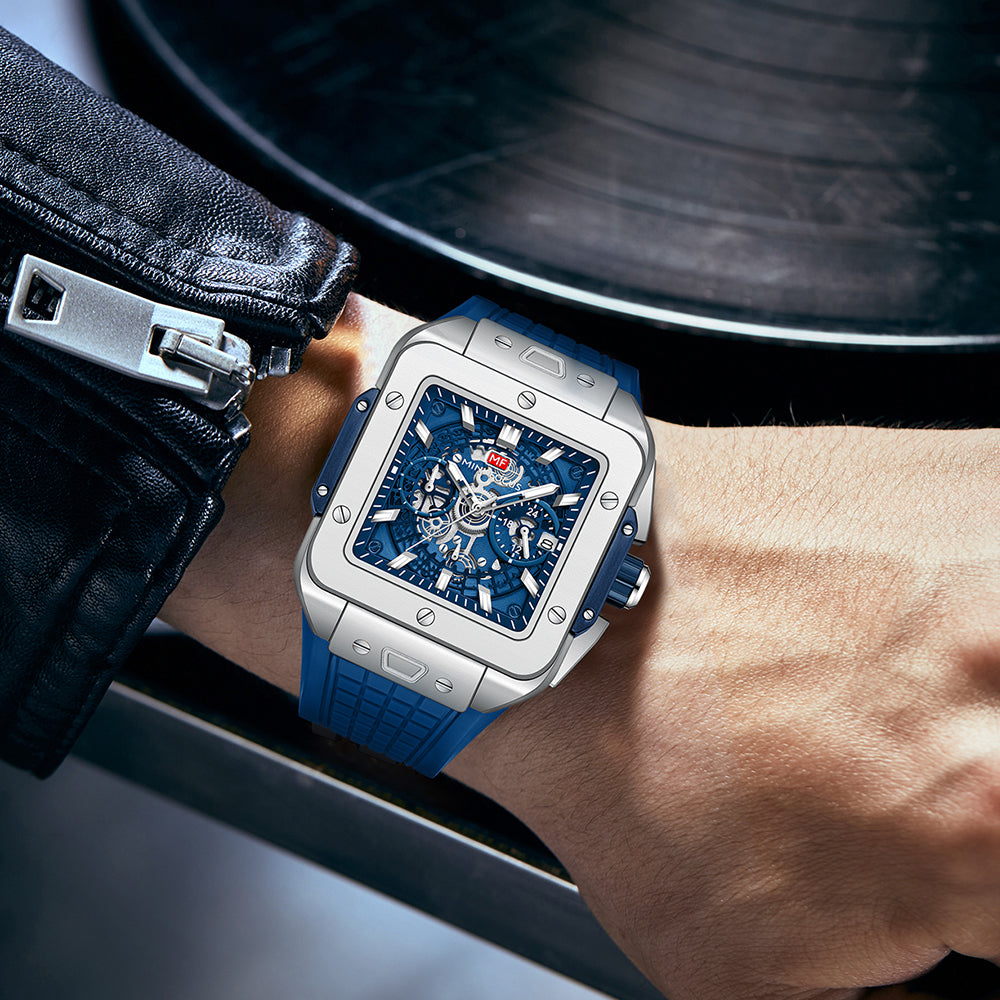 Square Skeleton Chronograph — Silver Blue