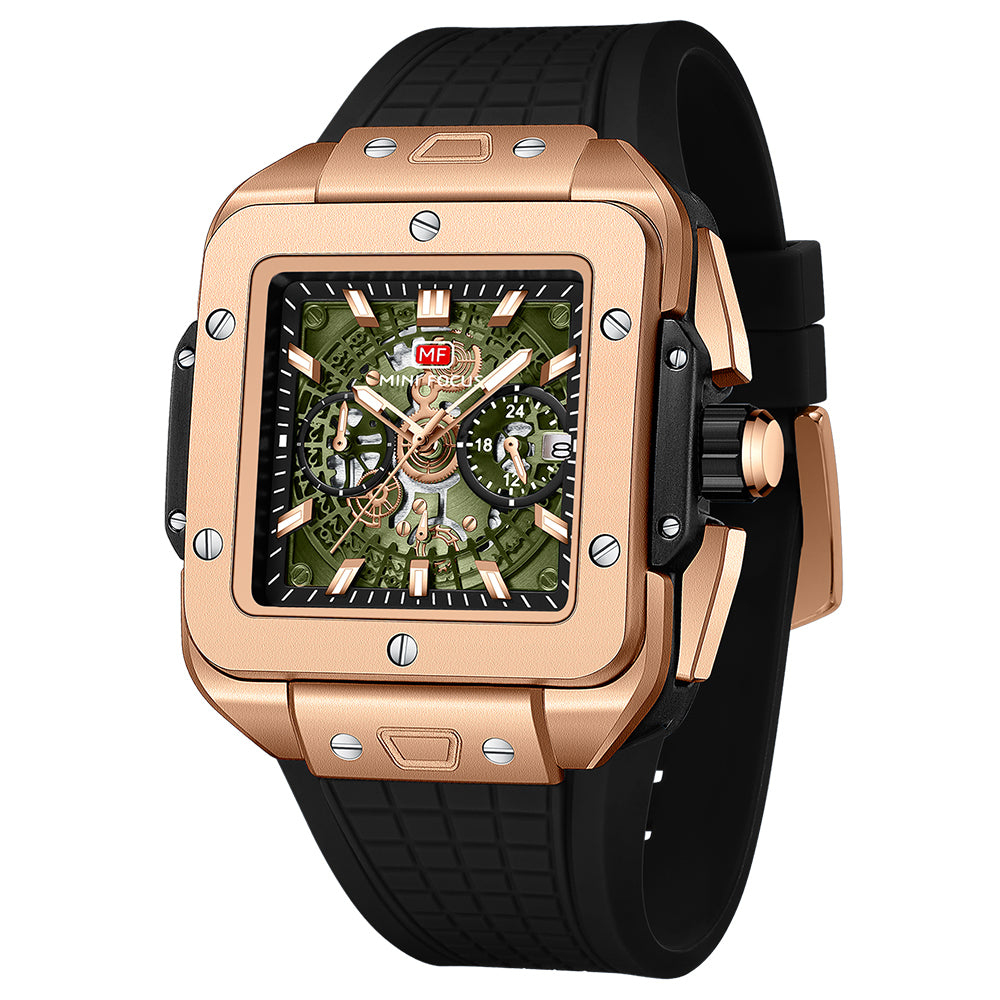 Square Skeleton Chronograph — Rose Gold Green