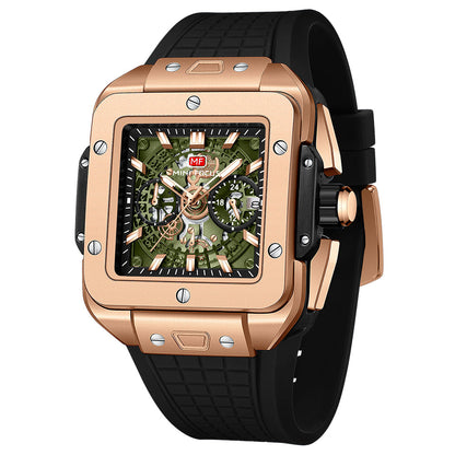 Square Skeleton Chronograph — Rose Gold Green
