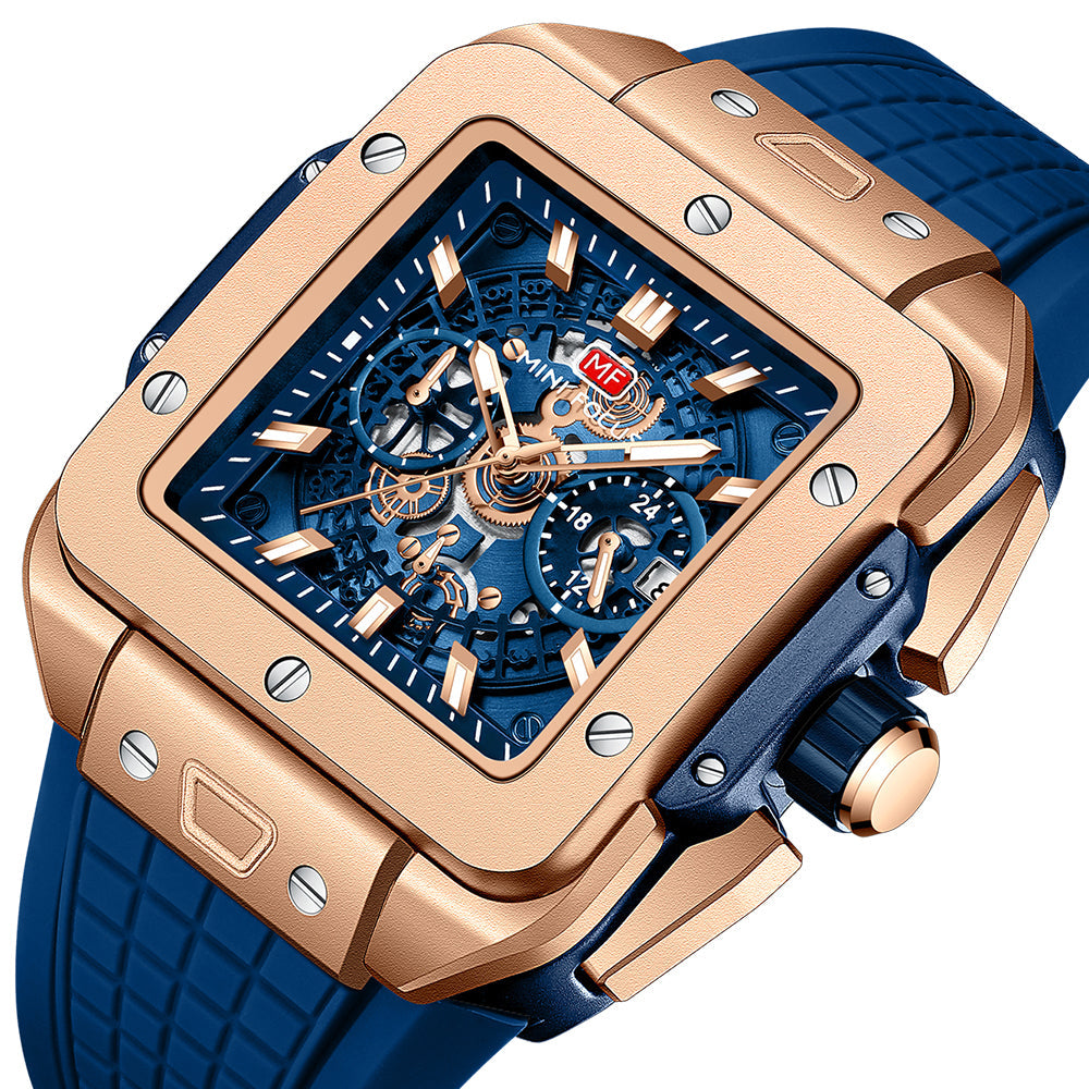 Square Skeleton Chronograph — Rose Gold Blue