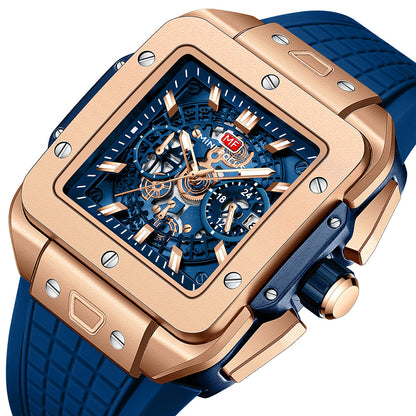 Square Skeleton Chronograph — Rose Gold Blue