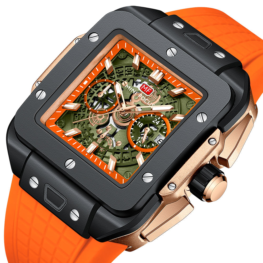Square Skeleton Chronograph — Black Orange