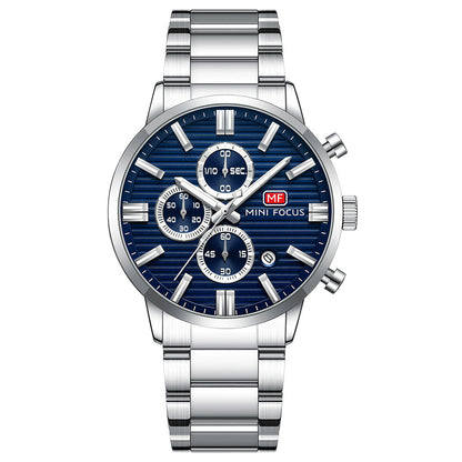 Striped Chrono Steel Bracelet — Silver Blue