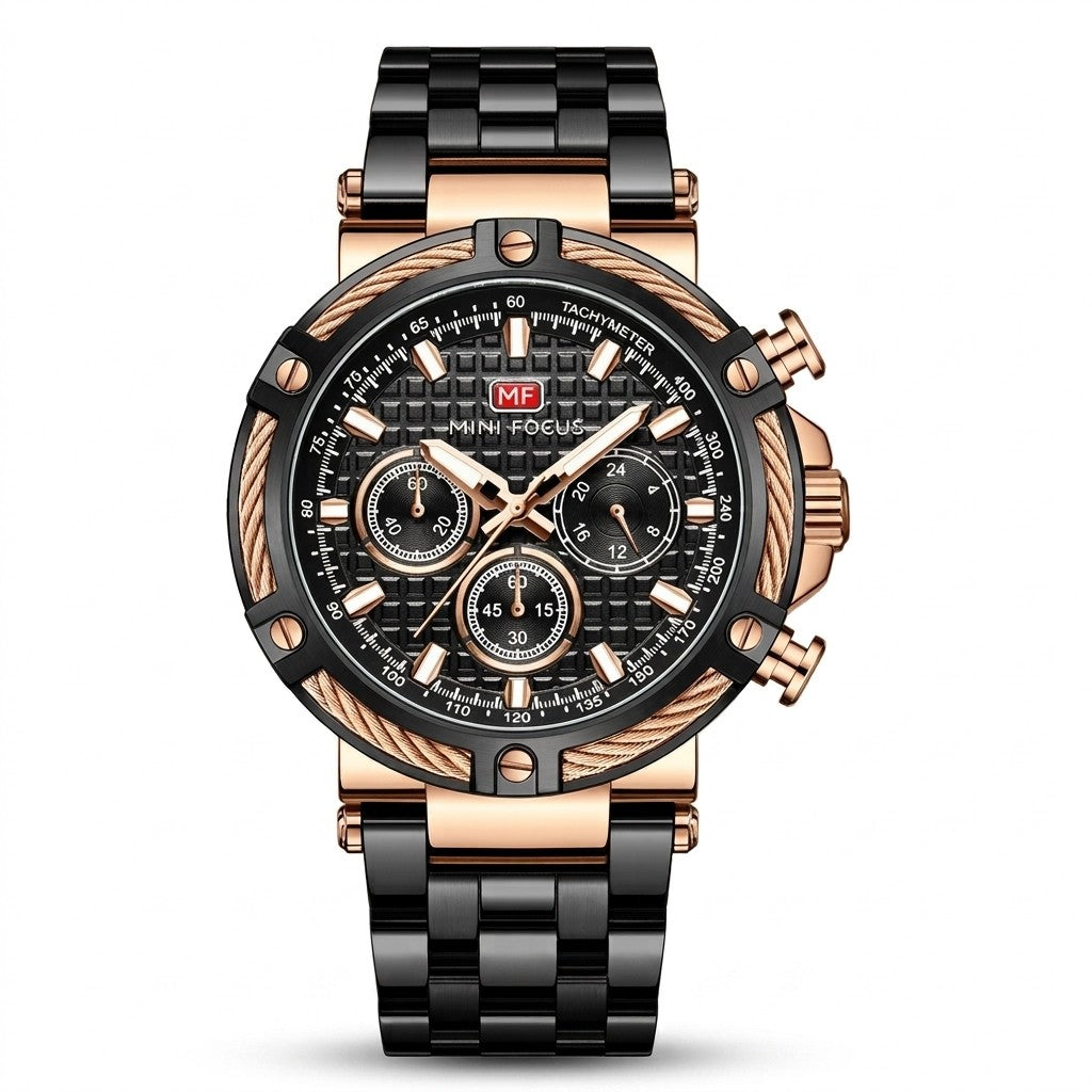 Cable Bezel Chronograph Steel Bracelet — Black Rose Gold