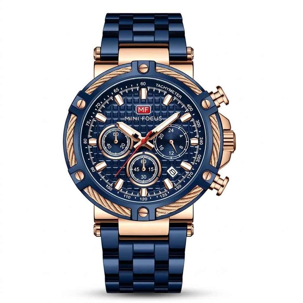 Cable Bezel Chronograph Steel Bracelet — Blue Rose Gold