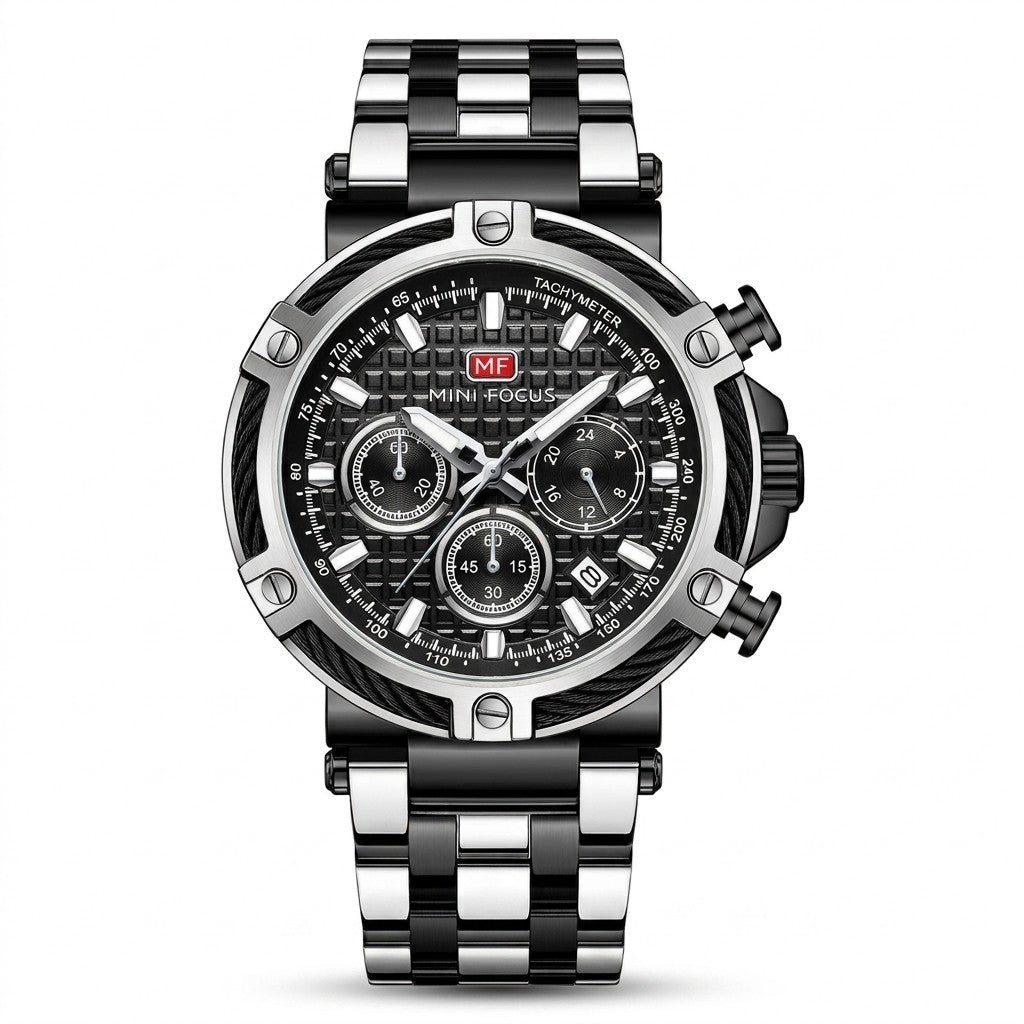 Cable Bezel Chronograph Steel Bracelet — Silver Black
