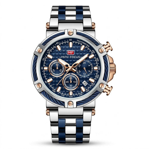 Cable Bezel Chronograph Steel Bracelet — Silver Blue
