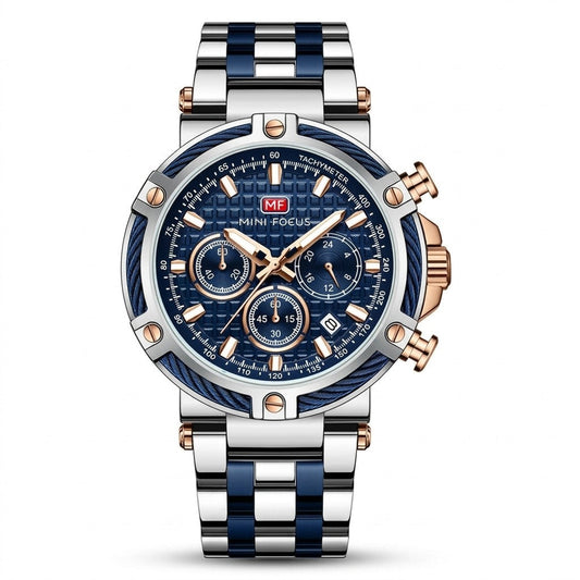Cable Bezel Chronograph Steel Bracelet — Silver Blue