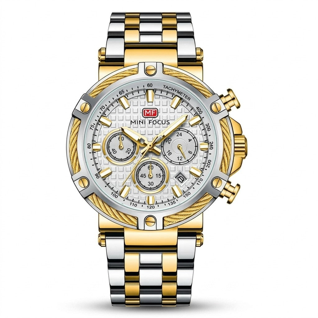 Cable Bezel Chronograph Steel Bracelet — Silver Gold
